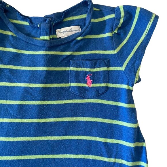 Ralph Lauren Baby Girl Striped Dress 12M Cotton Ruffle Hem Blue and Green - Picture 2 of 5
